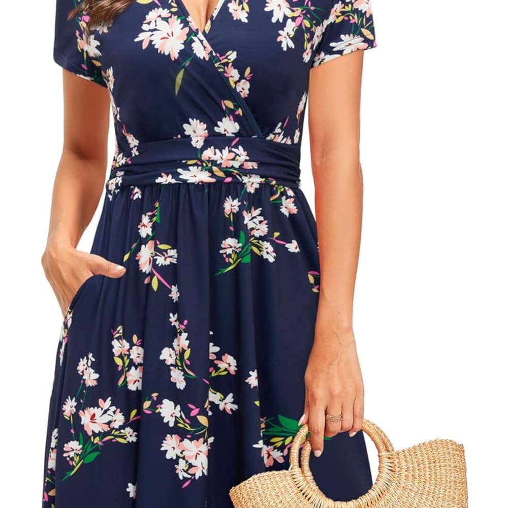 Floral Navy Faux Wrap Midi Dress with Pockets
